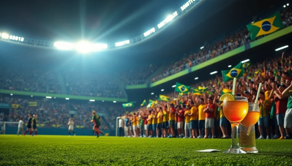 Engaging scene showcasing the best sports betting sites for Brazil with lively soccer celebration.