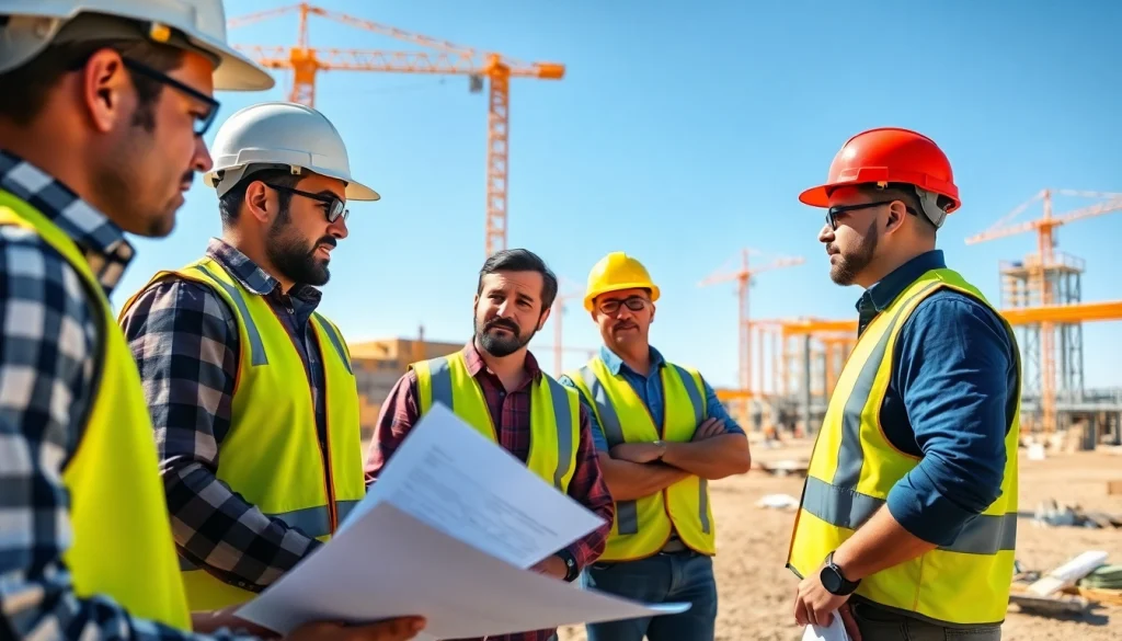 Collaborative meeting of the southern california contractors association professionals at a construction site.