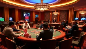 Action-packed casino scene showcasing players engaged with 상품권카드 at a poker table.