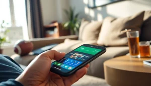 Explore sports betting apps Manitoba with a smartphone on a cozy living room couch.