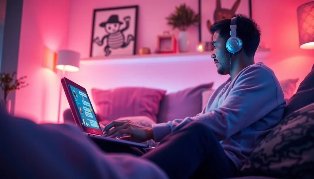 Engaging in AI sexting conversations with a virtual companion in a cozy digital environment.