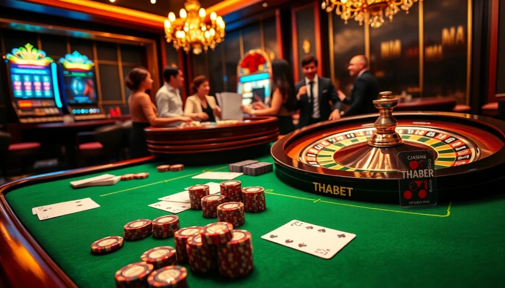 THABET online gamble interaction at an elegant casino table with cards and chips.