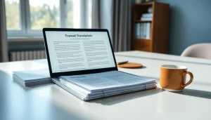 Tłumaczenie przysięgłe workspace with documents and laptop.