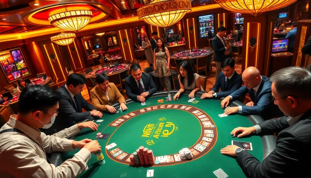 Nếu như vậy bám vào đây as gamblers place bets at a luxurious casino table filled with colorful poker chips.