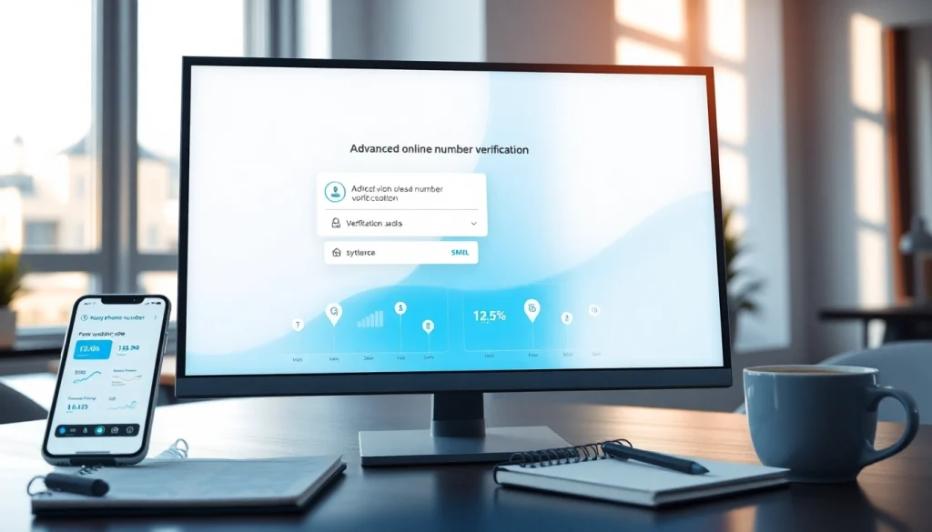 Online phone number verification interface in a modern office setting, emphasizing trust and security.