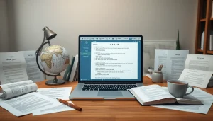 Traducteur assermenté chinois travaillant diligemment à un bureau professionnel avec des documents et un ordinateur portable.