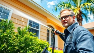 Soft wash service technician cleaning a residential property in Kissimmee, FL with professional equipment.