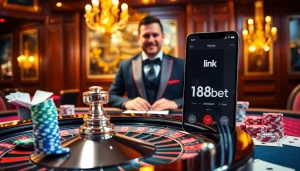 Engaging casino atmosphere with link 188bet featured on a smartphone amid chips and cards.