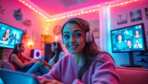 Engaging virtual chat room with an AI character, showcasing sex chat ai interactions in a vibrant setting.