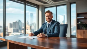Real estate lawyer advising clients in a professional office with city skyline backdrop.