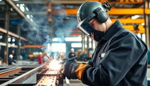 Welder engaged in structural steel welding, demonstrating technique amidst construction environment.