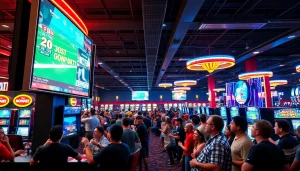 Excited patrons engaging in Oklahoma sports betting at a vibrant casino.