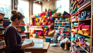 Bezoek een stoffenwinkel vol kleurrijke stoffen en creativiteit om nieuwe projecten te starten.