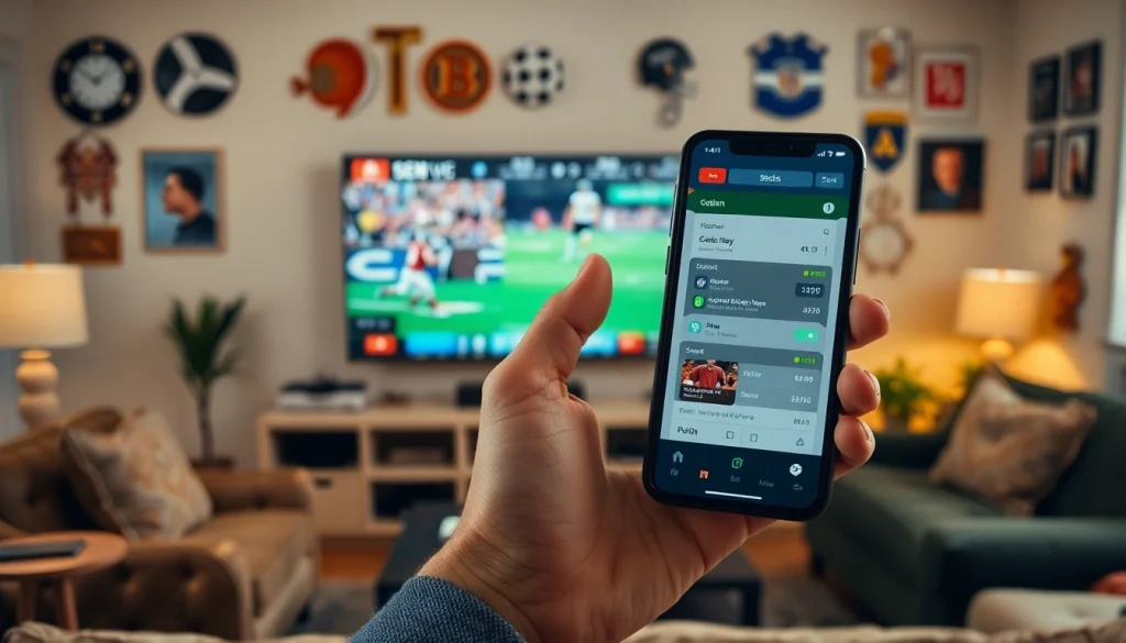 Engage with sports betting apps Oklahoma on a smartphone in a cozy living room environment.