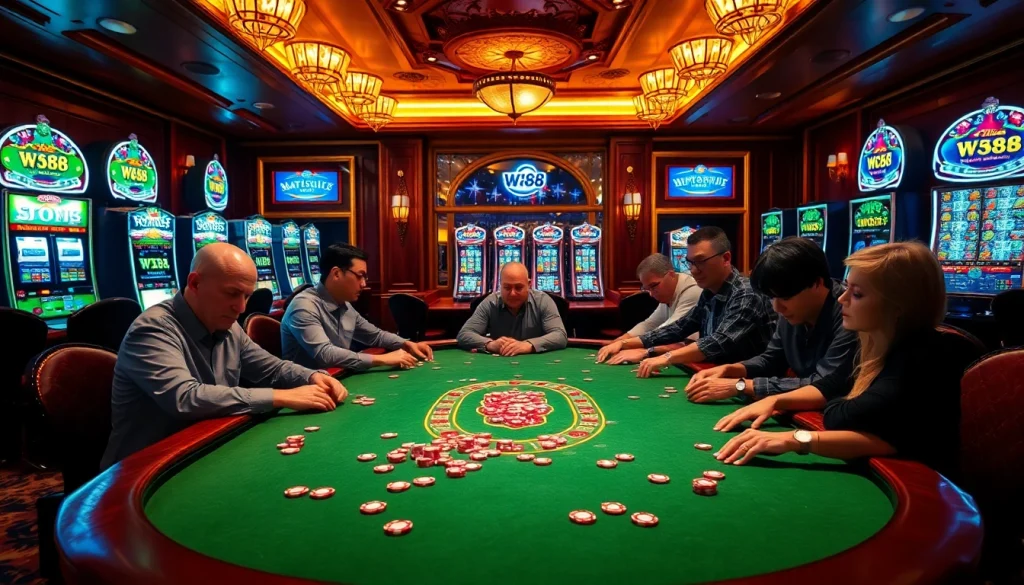 Experience the thrill at W88 link with players enjoying a vibrant casino atmosphere and poker action.