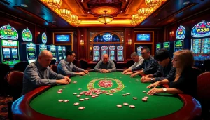 Experience the thrill at W88 link with players enjoying a vibrant casino atmosphere and poker action.