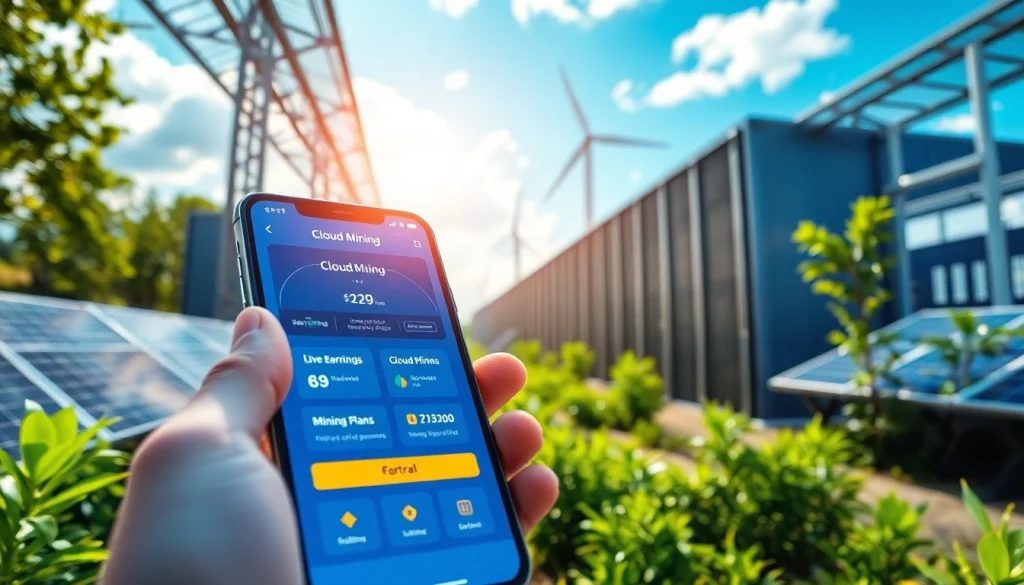 Cloud mining app interface showcased on a smartphone with a modern mining facility in the background, illustrating renewable energy.