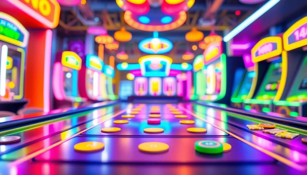 Permainan plinko yang menarik di meja permainan dengan suasana ruang arcade yang energik.