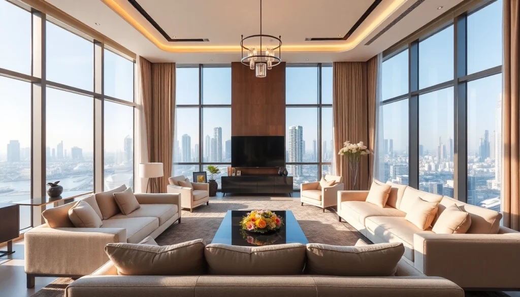 Showcase of interior design dubai in a luxurious apartment featuring modern furnishings and city skyline.