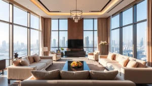 Showcase of interior design dubai in a luxurious apartment featuring modern furnishings and city skyline.