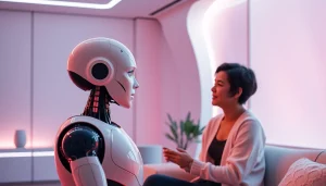 Engaging AI sex conversation between a humanoid robot and a human in a modern, inviting room.
