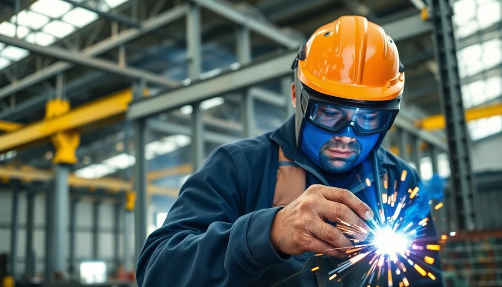 Skilled professional engaging in structural steel welding, showcasing precision and safety.