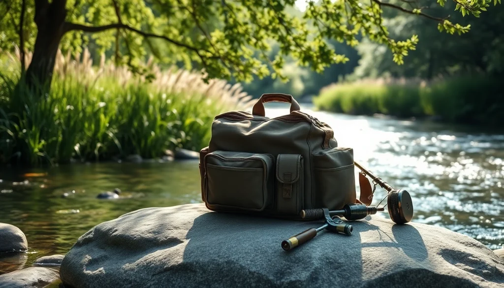 Organized fly fishing bag next to a serene river, showcasing fishing tackle for enthusiasts.
