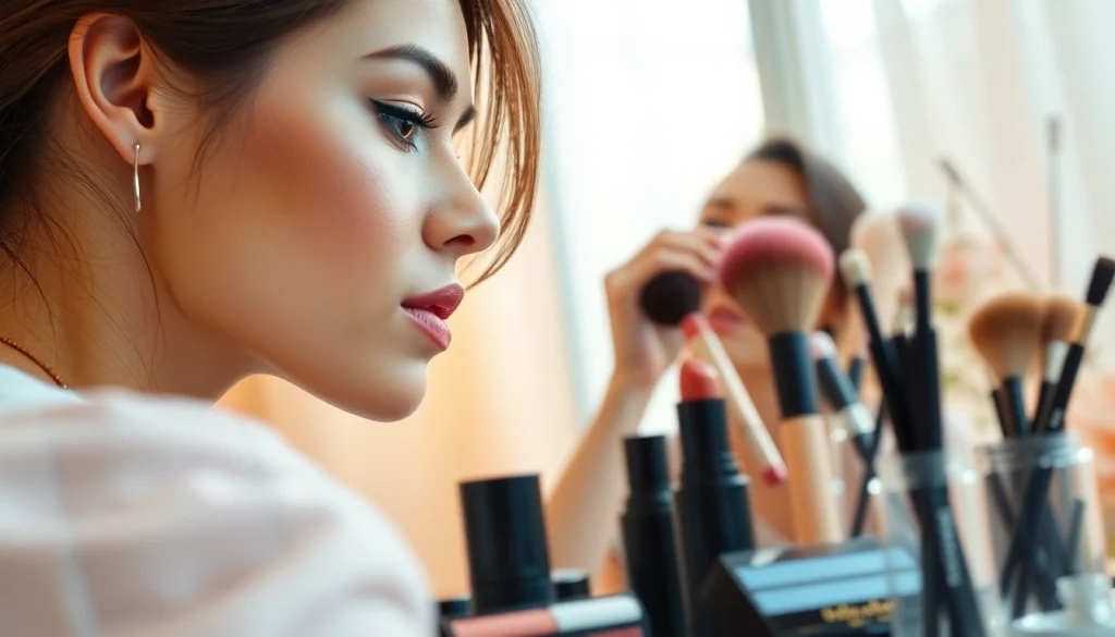 Kosmetika makiažas atliktas elegantiškoje aplinkoje su detaliais kosmetikos priežiūros produktais.