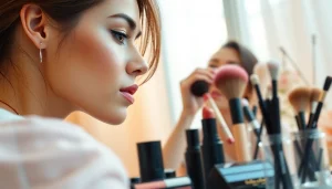 Kosmetika makiažas atliktas elegantiškoje aplinkoje su detaliais kosmetikos priežiūros produktais.