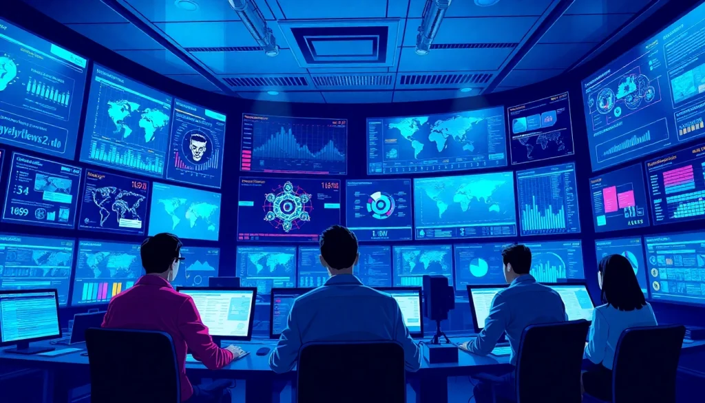 Dynamic cybersecurity team using AI tools for threat analysis in a high-tech command center.
