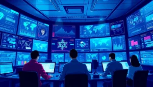 Dynamic cybersecurity team using AI tools for threat analysis in a high-tech command center.