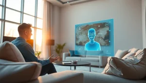 Engaging scene of a user interacting with a friendly AI companion, showcasing the concept of crush on ai in a modern living room.