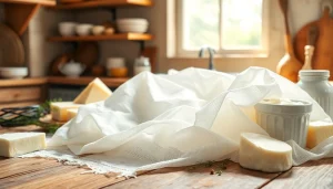 Kaasdoek met delicate textuur en omliggende zuivelproducten fein gehouden in een rustieke keuken.