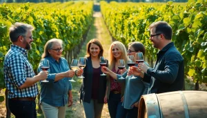 Engaging winery membership experience with cheerful members toasting among grapevines.