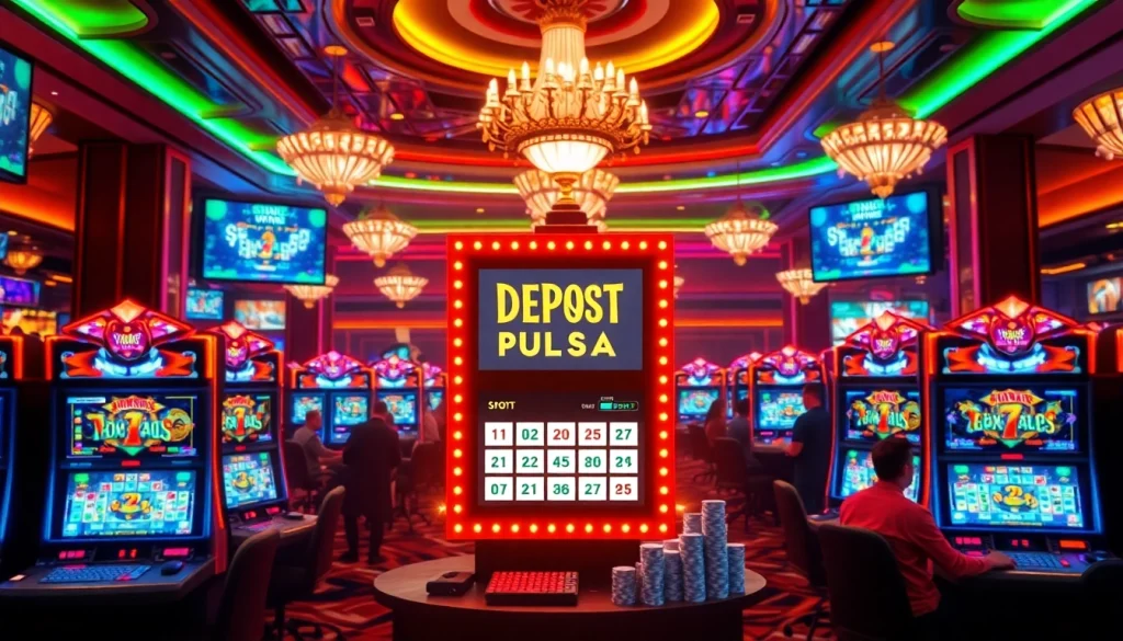 Pemain menikmati slot deposit pulsa tanpa potongan di sebuah kasino mewah dengan mesin permainan yang penuh warna.