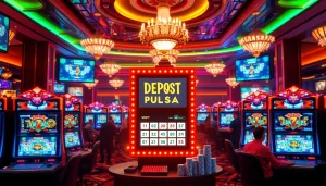 Pemain menikmati slot deposit pulsa tanpa potongan di sebuah kasino mewah dengan mesin permainan yang penuh warna.