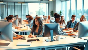 Engaging activities at a typing center with a diverse team in a bright office environment.