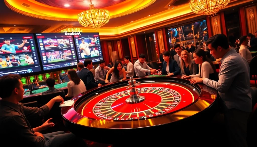 Engage in sbobet sports betting at a luxurious casino, featuring a vibrant roulette table and digital screens.