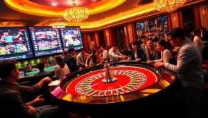 Engage in sbobet sports betting at a luxurious casino, featuring a vibrant roulette table and digital screens.
