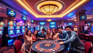 Experience excitement with seven77 alternatif at luxurious casino tables amidst players celebrating wins.