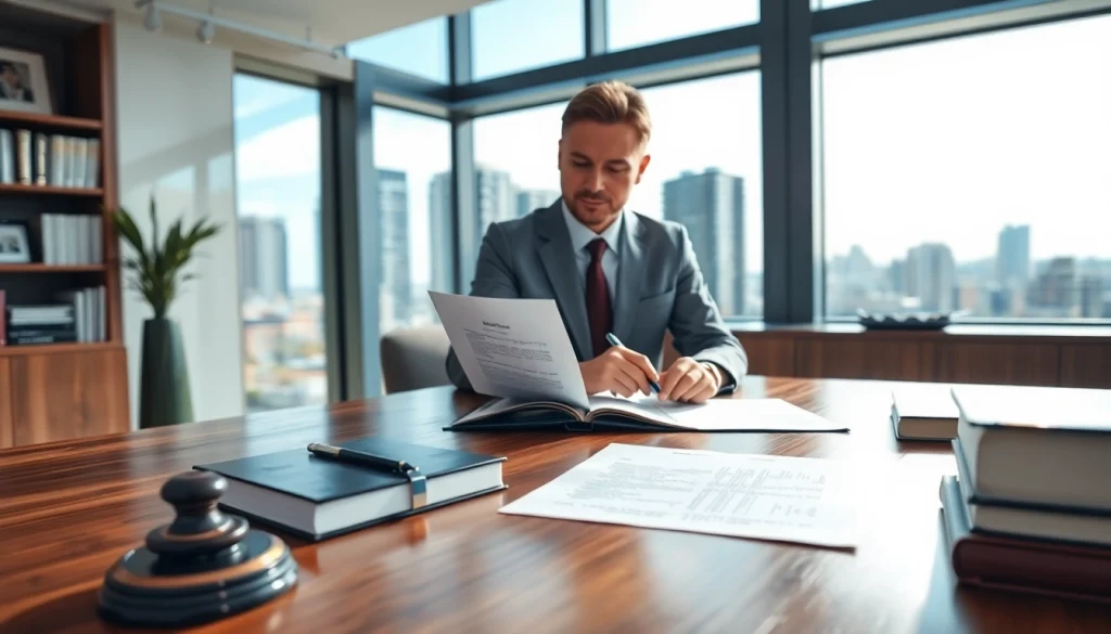 Real estate lawyer consulting with a client in a professional office environment.