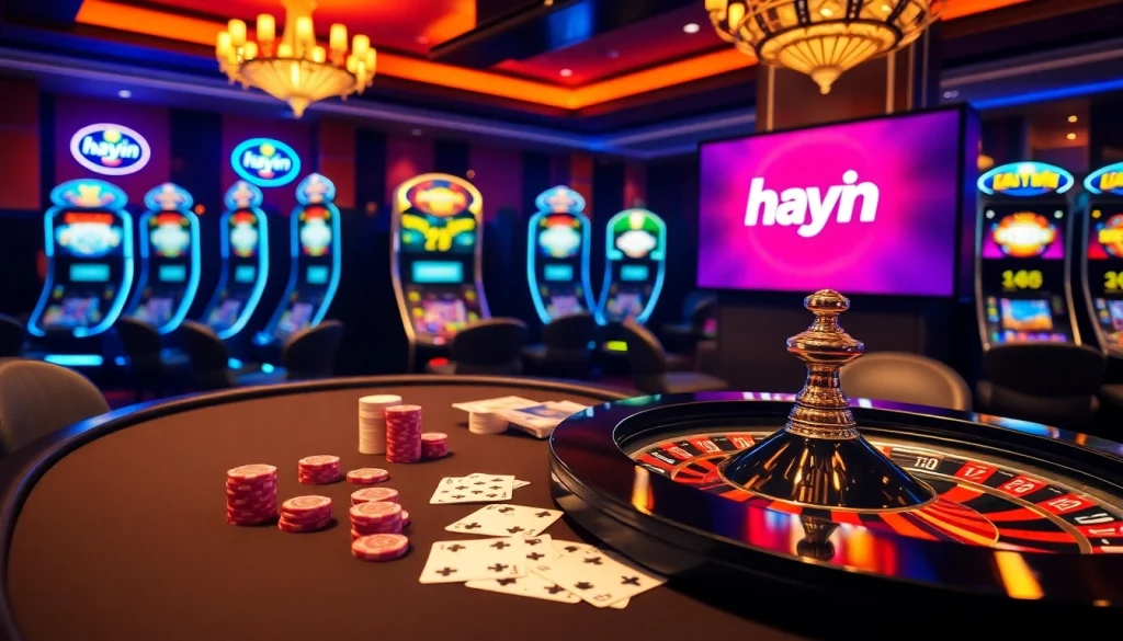 Engage with the exciting atmosphere of hay.win, showcasing poker chips and cards in a luxurious casino setting.