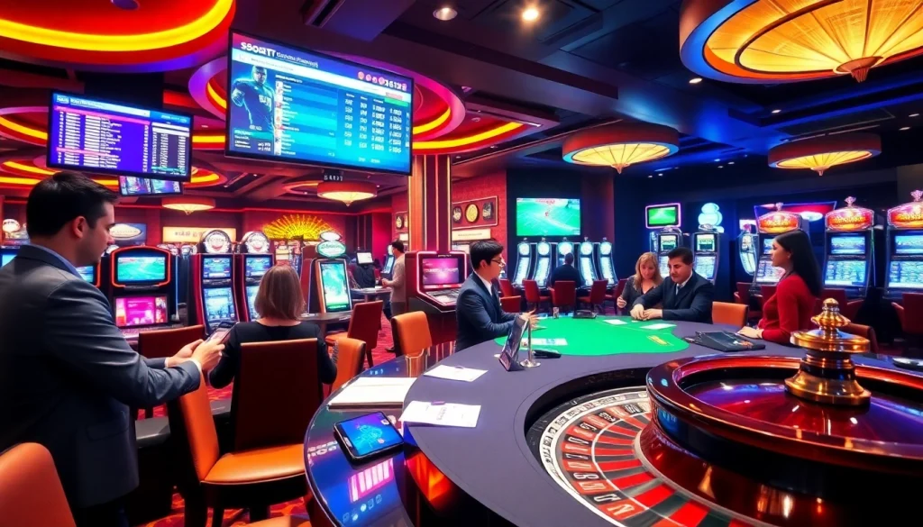 Sbobet betting excitement captured in a vibrant sportsbook scene with players engaged at a poker table.