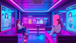 Scene showcasing interactive NSFW AI chatbots in a futuristic digital lounge with engaging characters.