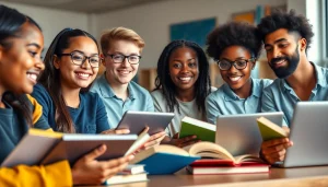 Education scene with diverse students using digital tools and books in a vibrant classroom.