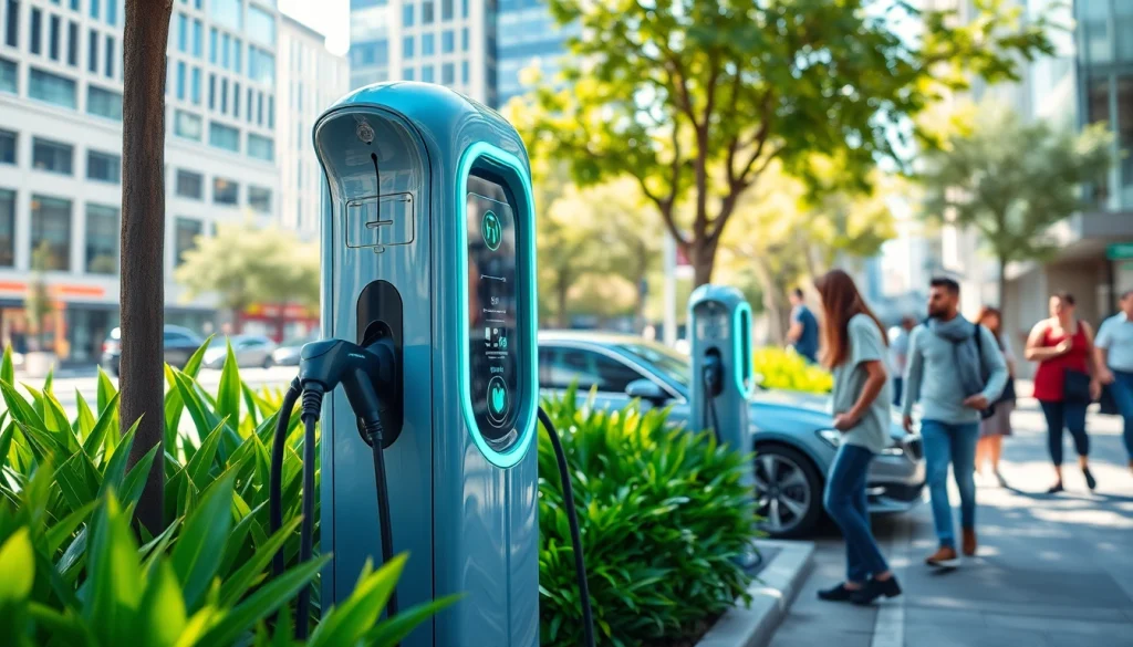 Engaging view of EV charging solutions in an urban setting with modern design and vibrant surroundings.
