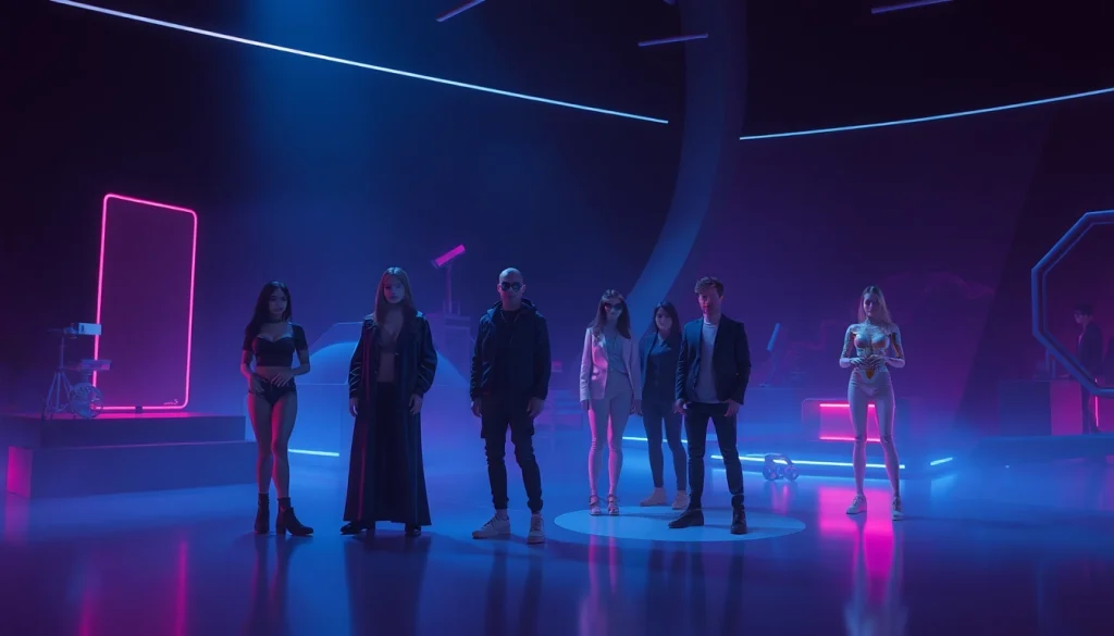 Engaging NSFW character AI interaction depicted in a futuristic digital landscape.