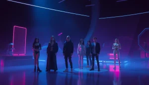 Engaging NSFW character AI interaction depicted in a futuristic digital landscape.