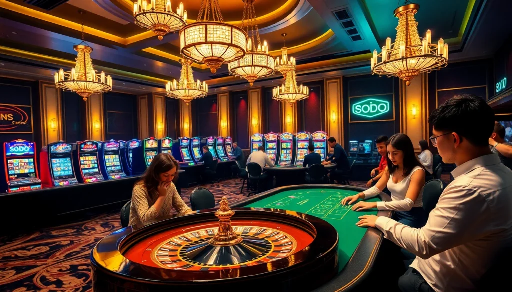 SODO Casino features vibrant gaming tables, excited players, and innovative tech in a luxurious setting.