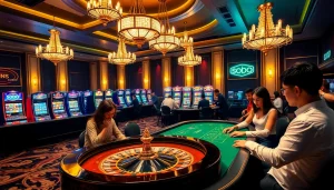 SODO Casino features vibrant gaming tables, excited players, and innovative tech in a luxurious setting.